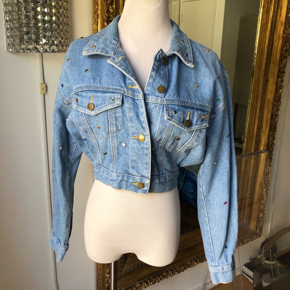 Paris blues vintage Embellished cropped Denim Jacket size medium
